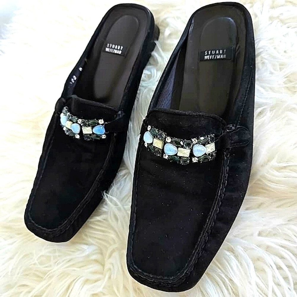 Stuart Weitzman Black Suede Leather Loafer Mules Jeweled Buckle Sz 8 B 🌴